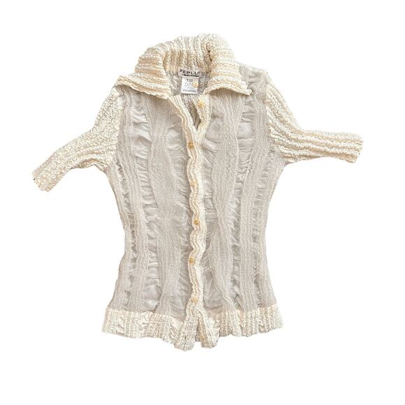 Vintage Peplum by Yoshiki Hishinuma Crinkle Pleated Blouse – Ivory White –RARE - Picture 7 of 10